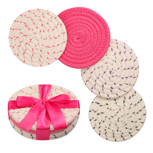 Honmtp Absorbent coasters for drinks, Cotton cup mat, Hand woven Coaster Set of 4 x 4.33"(pink, dark pink, gray, purple), Boho Home Decor, For Table Protection, coffee table, outdoor, christmas, With ribbon gift packaging, Fits assorted mugs